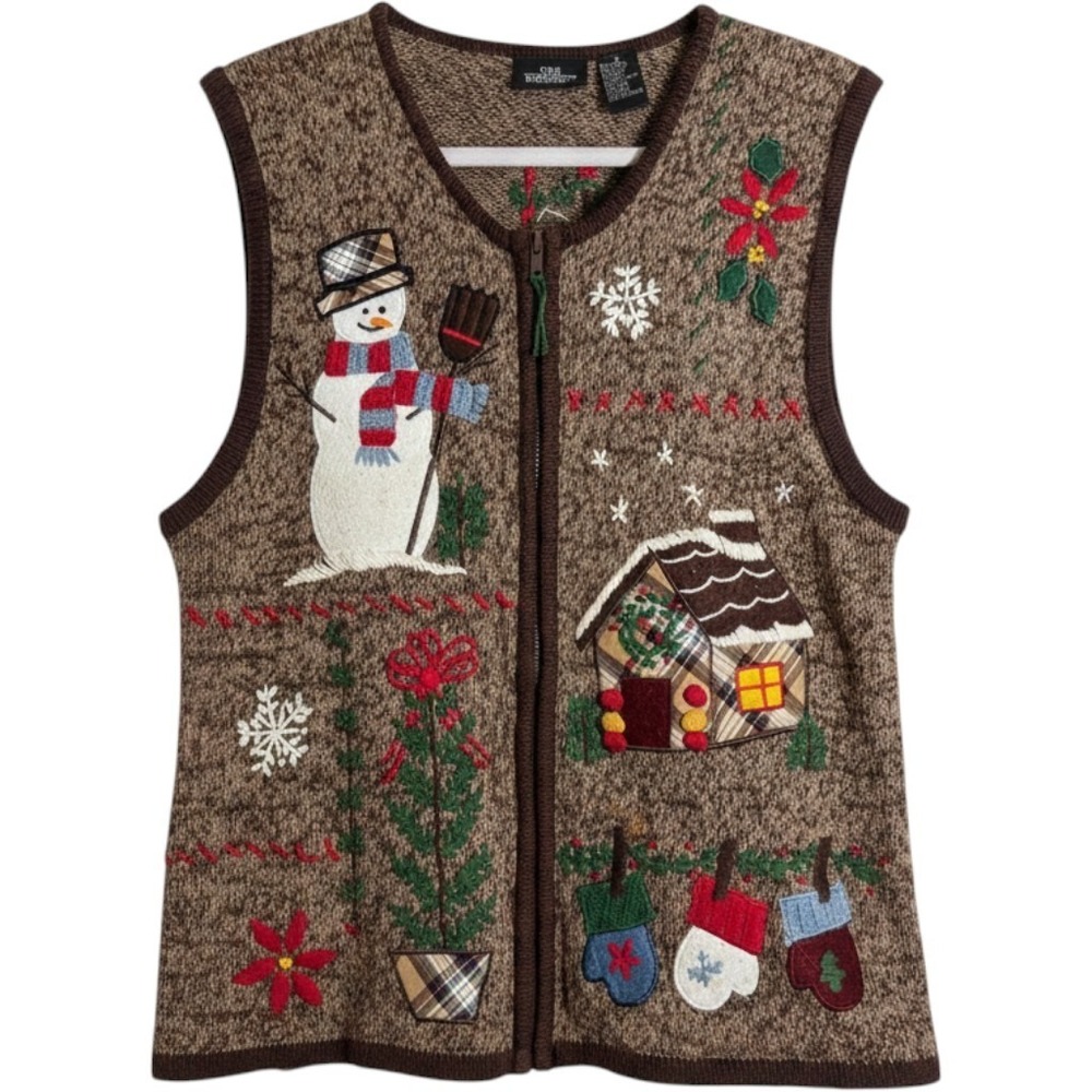 Vintage One Resource Borwn Christmas Winter Zip Up Vest Size M